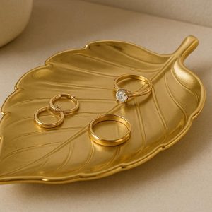 Modern Golden Leaf Ceramic Jewelry Tray For Elegant Bedside Ring Storage And Luxury Vanity Decor
