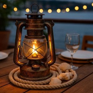 2 Antique Style Brass Kerosene Lantern For Outdoor Patio Dining And Nautical Theme Table Decoration