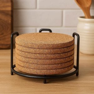 25 Premium Thick Cork Coasters With Metal Holder For Organized Kitchen Storage And Rustic Home Decor