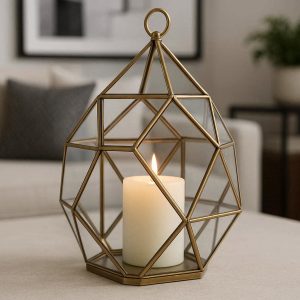 3 Decorative Geometric Glass Candle Lantern With Metal Frame For Modern Living Room Centerpiece